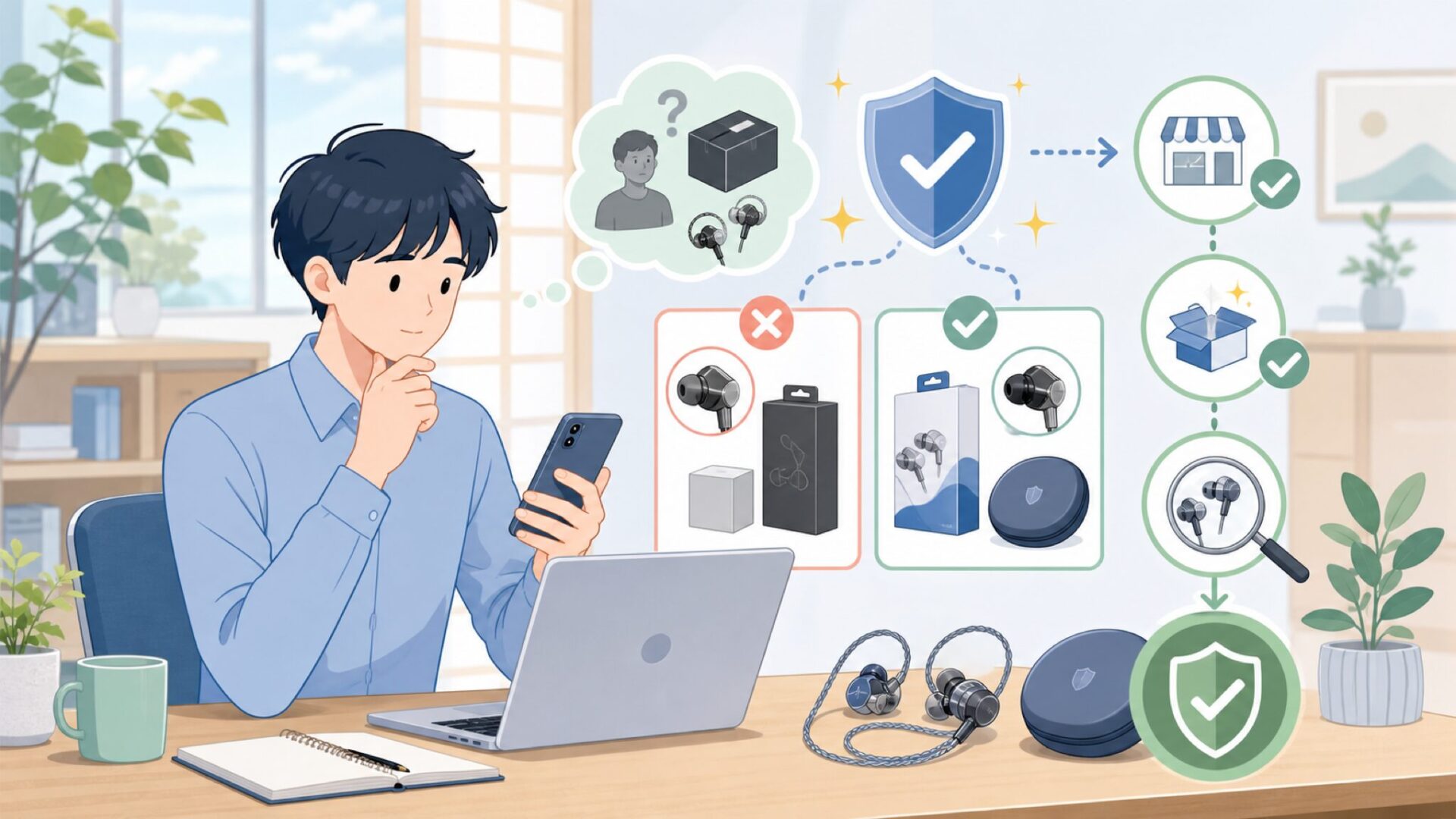 正規品の購入先と偽物・模倣品を見分けるポイントを表すイラスト