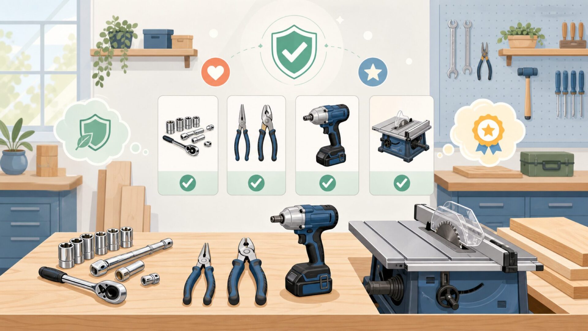 Towallmarkのテーブルソー・木工工具を選ぶ実践ポイントを表すイラスト