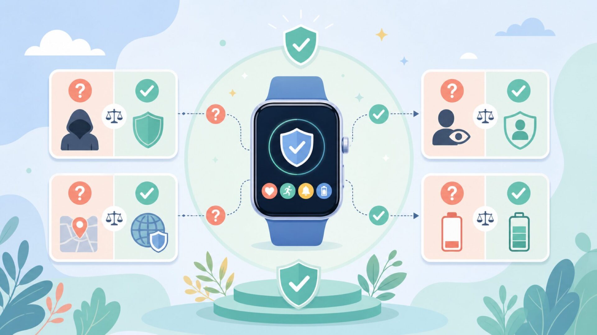 中国製スマートウォッチは本当に危ない?4つのリスクを事実で検証を表すイラスト
