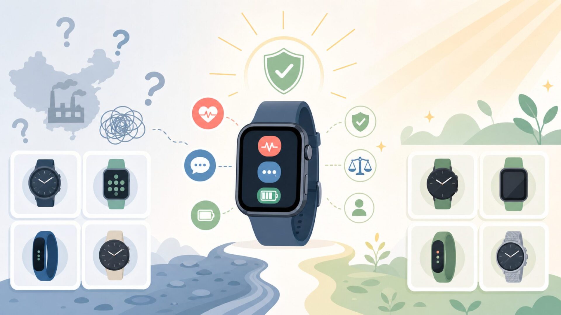 中国製が不安な人におすすめするスマートウォッチ6選を表すイラスト