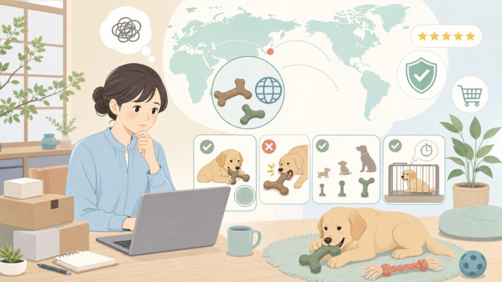 Beneboneはどこの国のブランド？犬用おもちゃの安全性と選び方の要点を表すイラスト