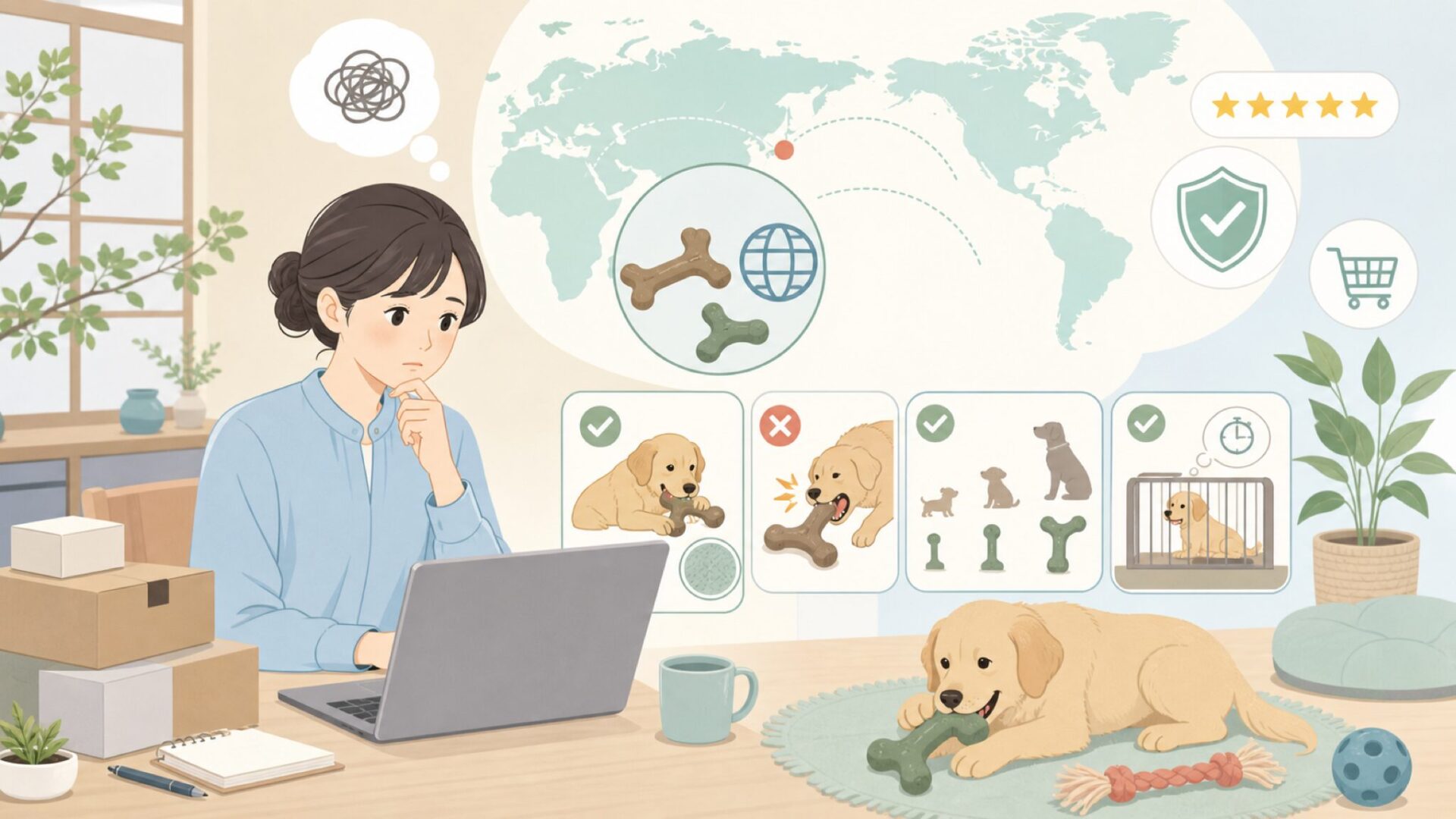 Beneboneはどこの国のブランド？犬用おもちゃの安全性と選び方の要点を表すイラスト