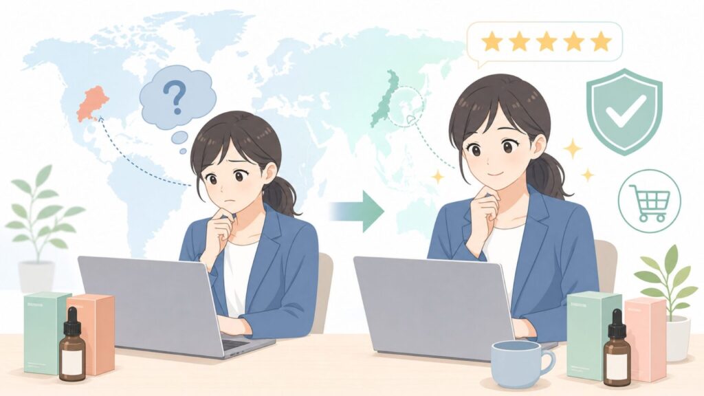 Revox B77はどこの国のブランド？美容液の特徴と選び方ガイドの要点を表すイラスト