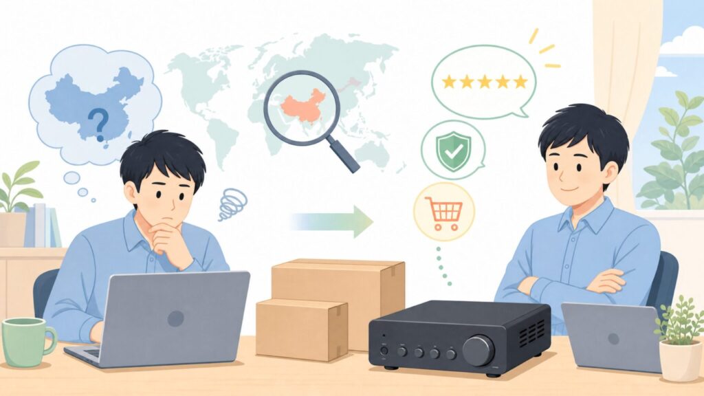 Fosi Audioの国はどこ？中国ブランドの正体とアンプの実力の要点を表すイラスト