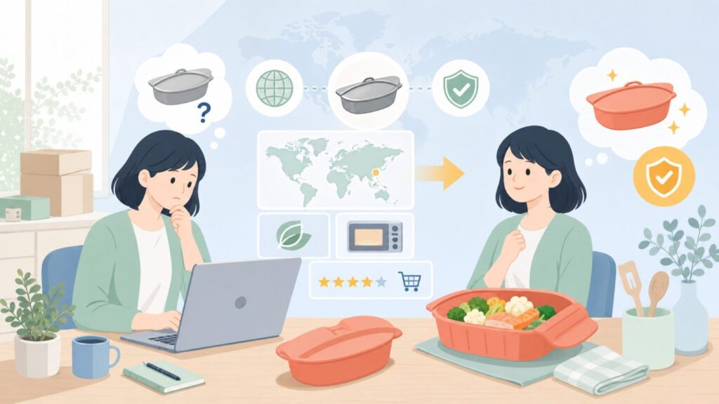 ルクエ(Lekue)はどこの国?シリコンスチーマーの特徴と選び方の要点を表すイラスト