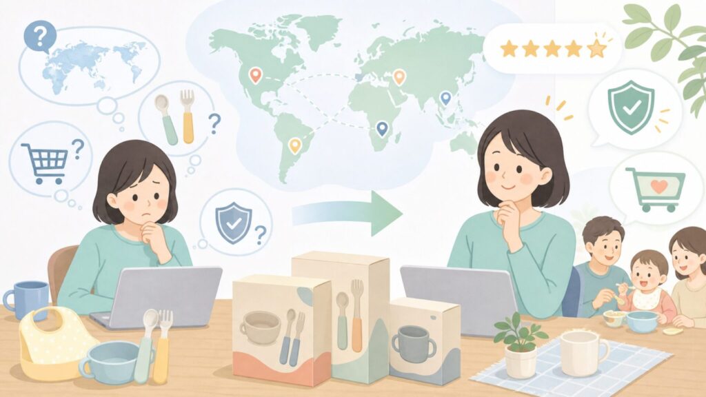 doddlベビーカトラリーはどこの国？正規品とセットの選び方の要点を表すイラスト