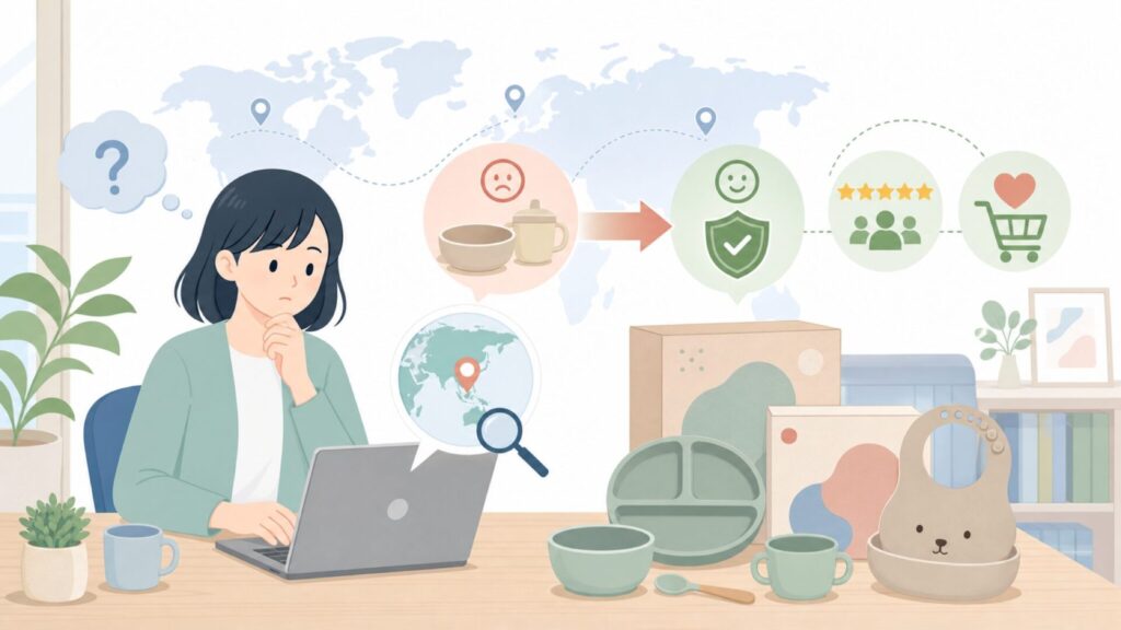 mushieはどこの国？ベビー食器の安全性と正規品の見分け方の要点を表すイラスト