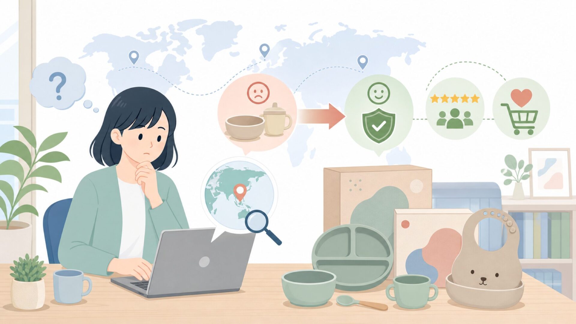 mushieはどこの国？ベビー食器の安全性と正規品の見分け方の要点を表すイラスト
