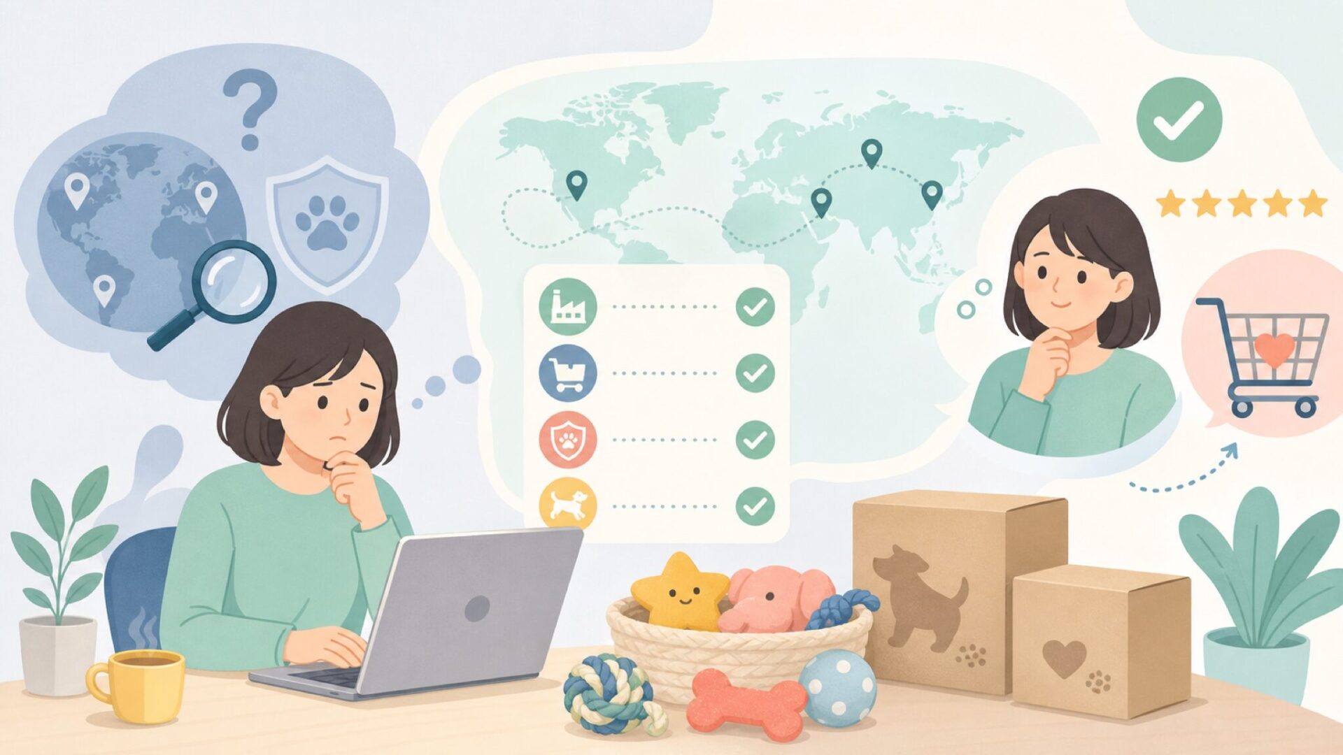P.L.A.Y.の犬おもちゃはどこの国のブランド?安全性を徹底解説の要点を表すイラスト