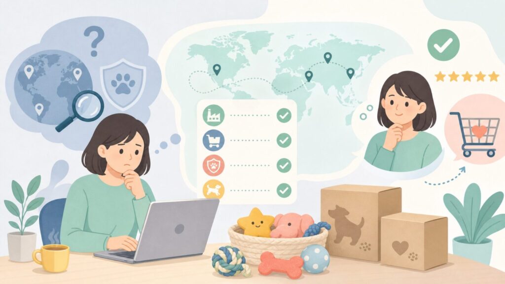 P.L.A.Y.の犬おもちゃはどこの国のブランド?安全性を徹底解説の要点を表すイラスト