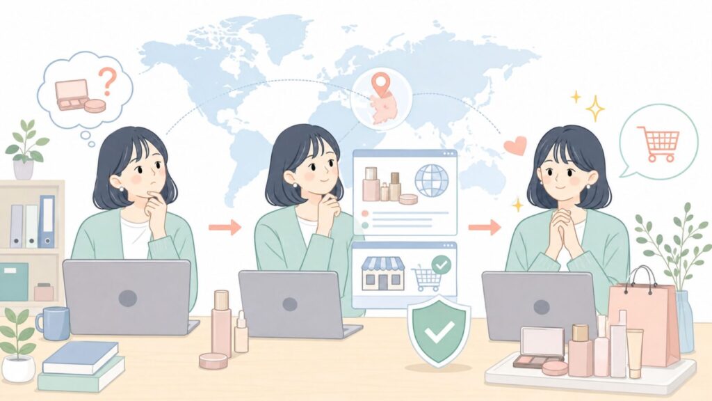Dasiqueはどこの国のブランド？韓国発コスメの世界観と正規購入先まとめの要点を表すイラスト