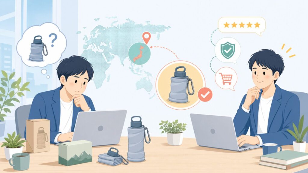 CNOCはどこの国のブランド？ウォーターボトルの正規品と選び方の要点を表すイラスト