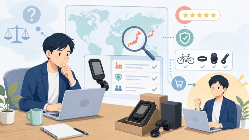 Mageneサイコンはどこの国？ブランドの正体と選び方ガイドの要点を表すイラスト