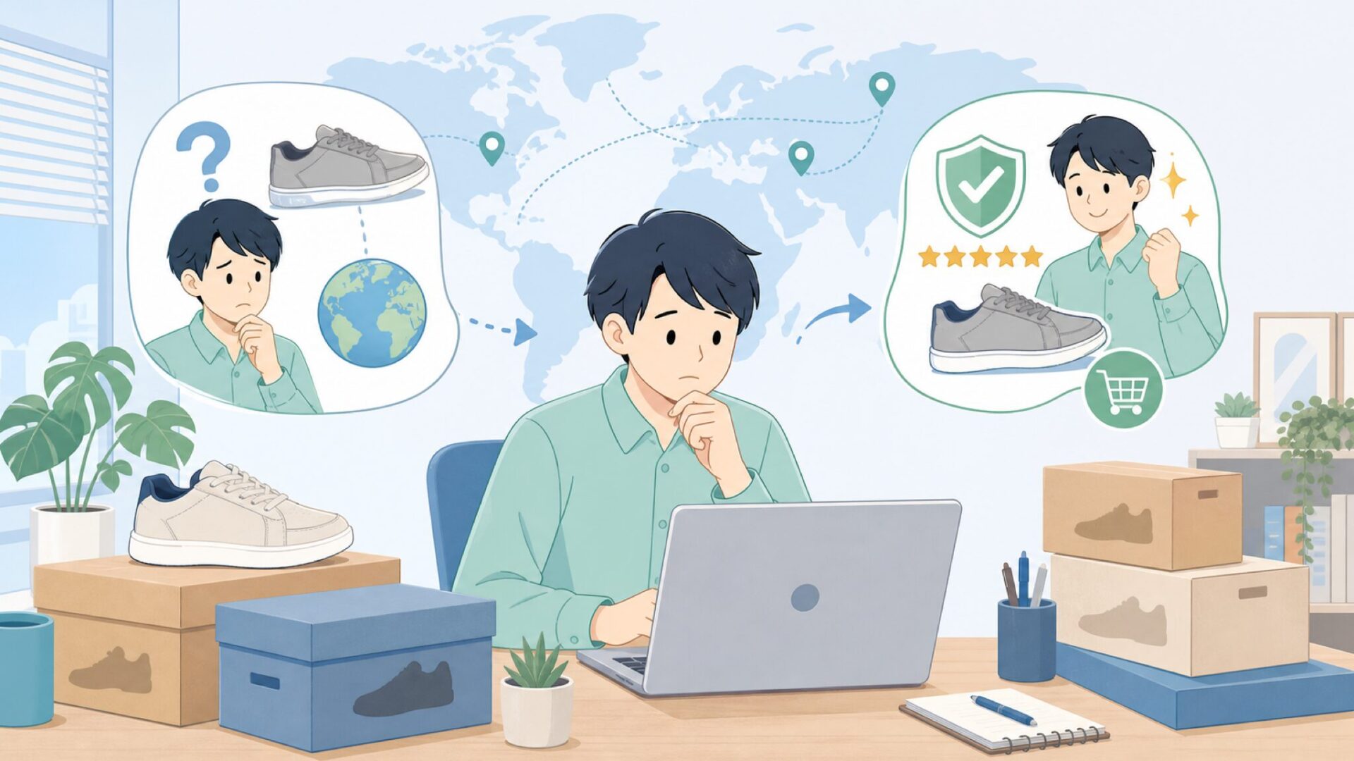 FitVilleはどこの国?幅広メンズスニーカーの評判を検証の要点を表すイラスト