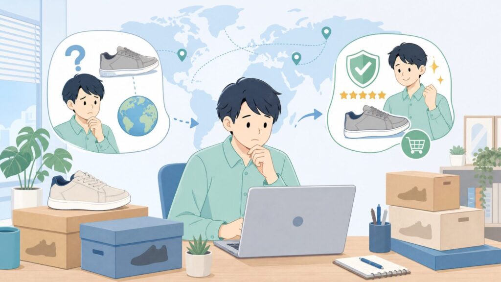 FitVilleはどこの国?幅広メンズスニーカーの評判を検証の要点を表すイラスト
