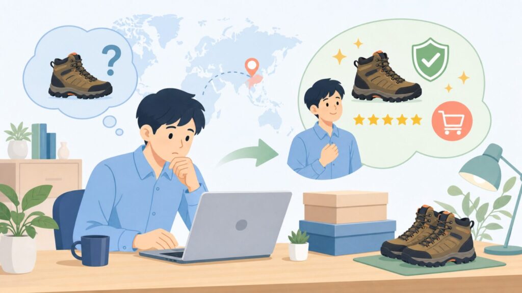 NORTIV8登山靴はどこの国のブランド?信頼性と選び方を解説の要点を表すイラスト