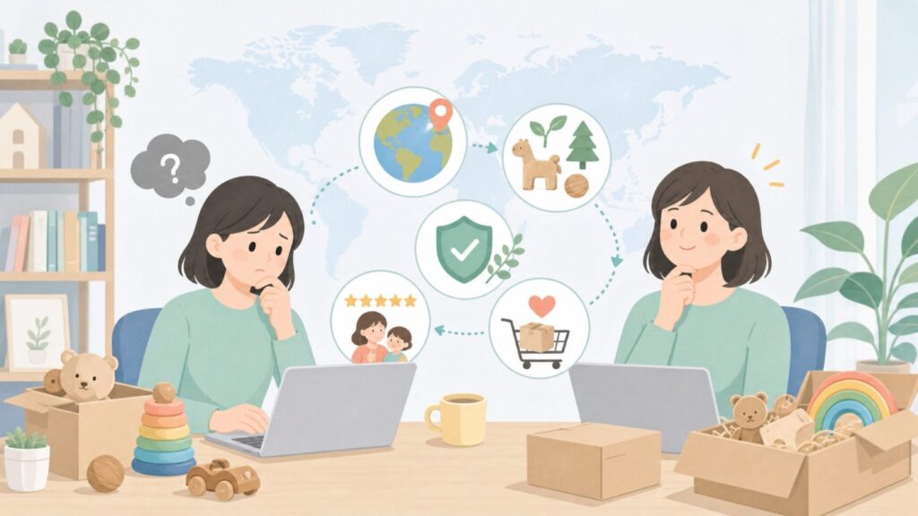 Terraのおもちゃはどこの国のブランド？カナダ発・自然派玩具の安心ポイントを解説の要点を表すイラス