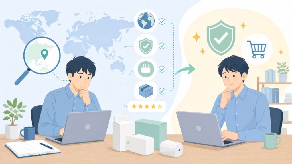 INVZI充電器はどこの国?安全性とPSE認証を購入前にチェックの要点を表すイラスト