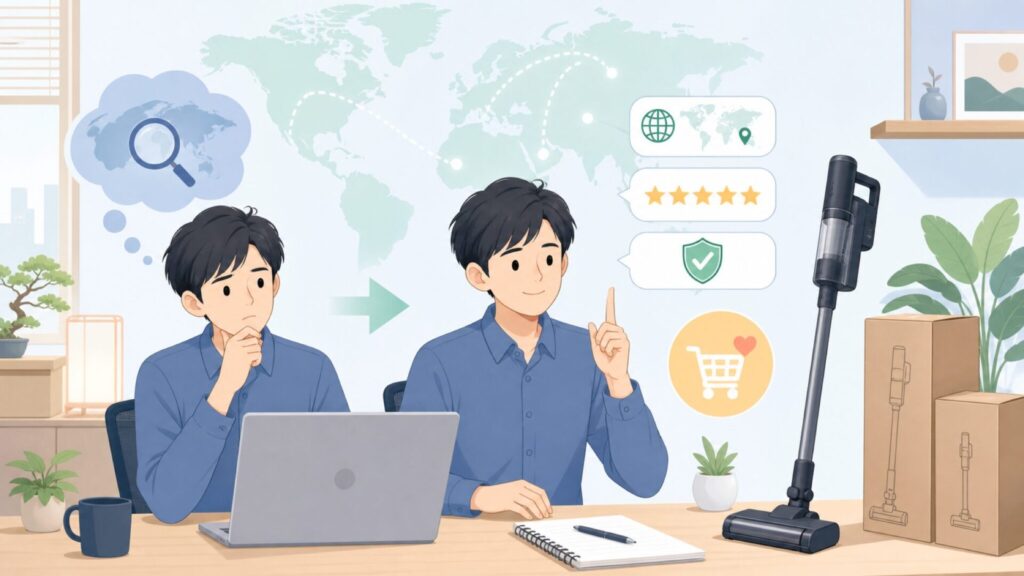 Laresar掃除機はどこの国？口コミの信頼度と保証を徹底解説の要点を表すイラスト