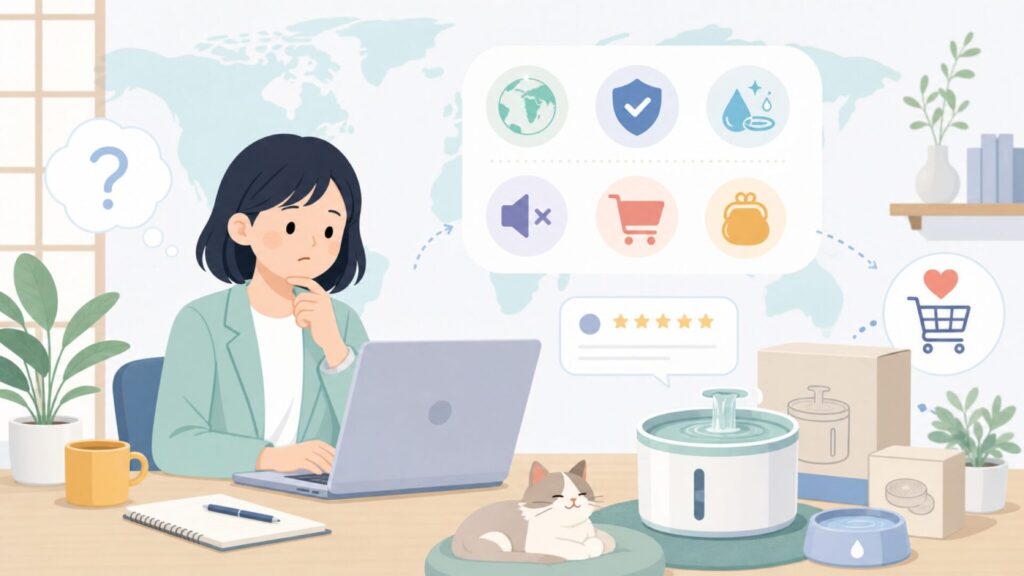 Homerunpet自動給水器はどこの国？特徴と選び方も解説の要点を表すイラスト