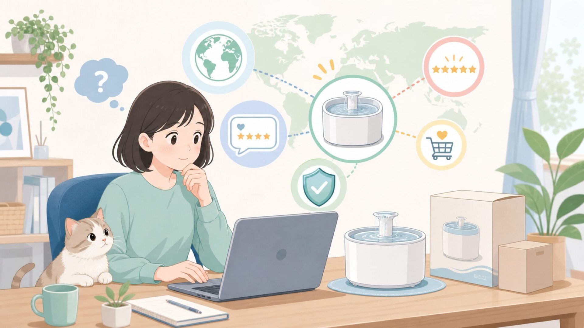 uahpet自動給水器はどこの国のブランド？口コミと安全性を解説の要点を表すイラスト