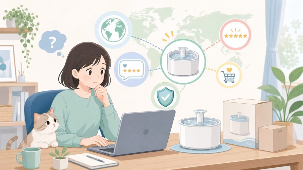 uahpet自動給水器はどこの国のブランド？口コミと安全性を解説の要点を表すイラスト
