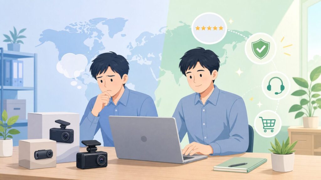 Kingslimドライブレコーダーはどこの国？信頼性と機能を解説の要点を表すイラスト