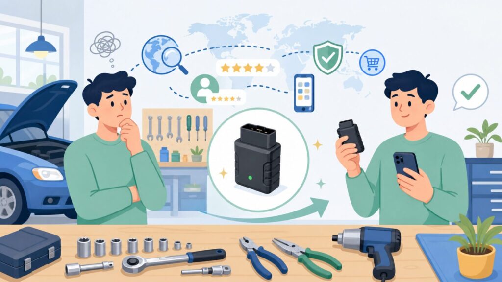 Veepeak OBD2 どこの国のブランド？信頼性と選び方ガイドの要点を表すイラスト