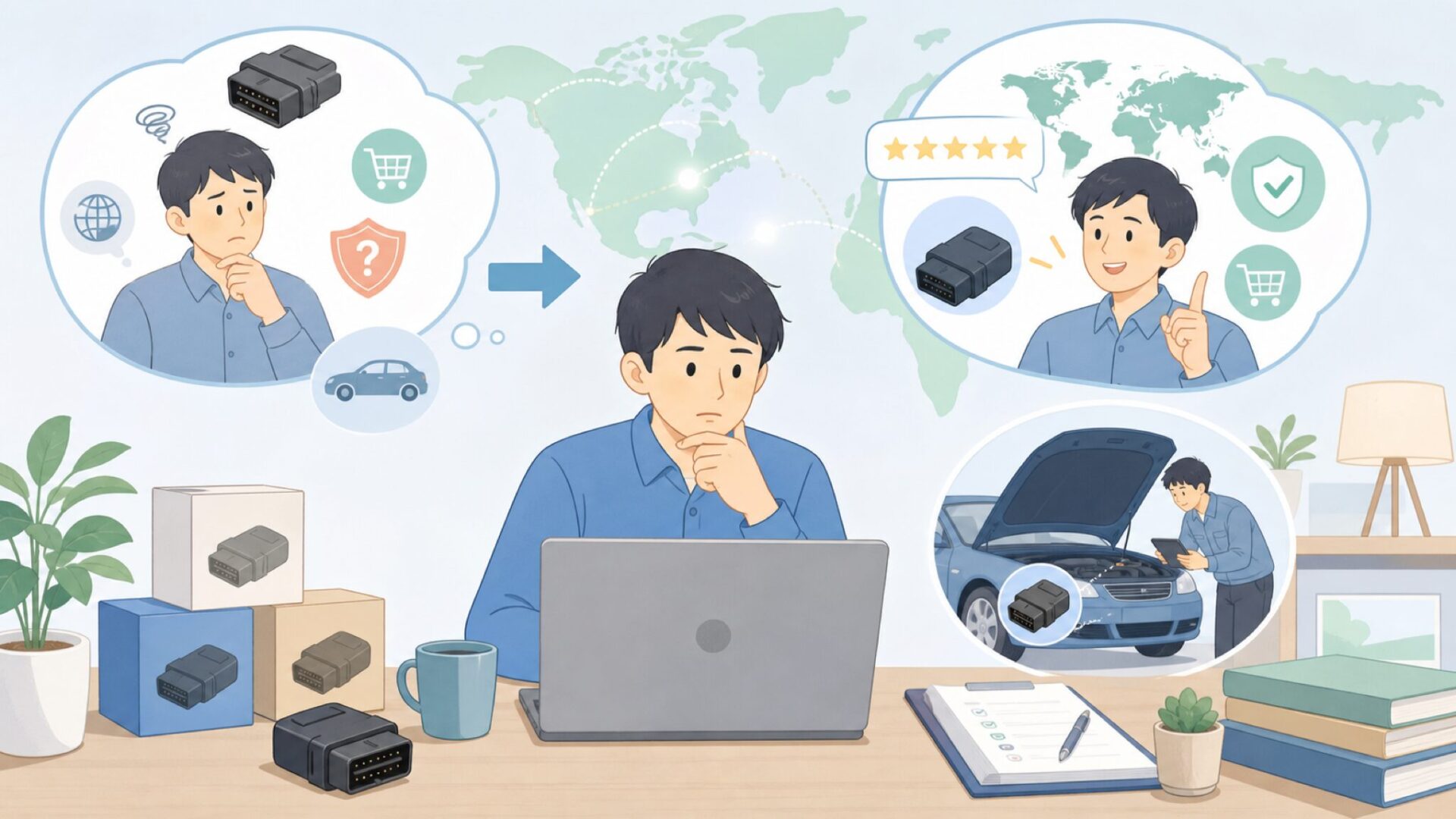 OBDLinkはどこの国の会社？OBD2診断機の正体と選び方の要点を表すイラスト