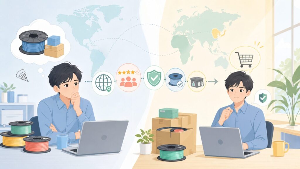 SUNLU フィラメントどこの国？口コミ・品質・安全性を徹底まとめの要点を表すイラスト