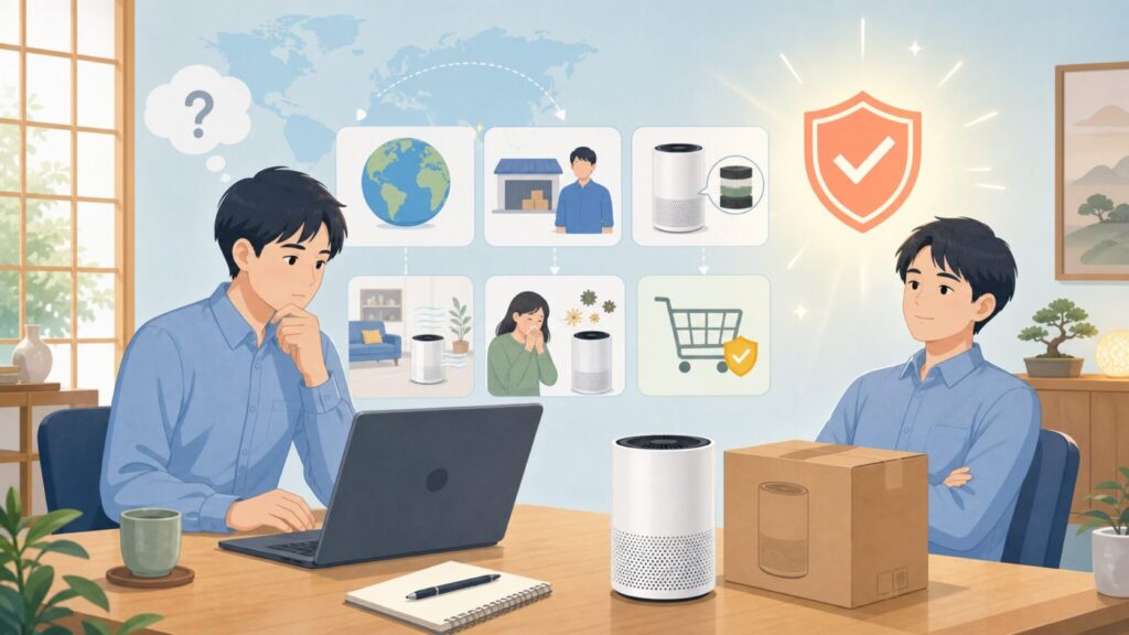 WELOV空気清浄機はどこの国のブランド？購入前の疑問を解消の要点を表すイラスト