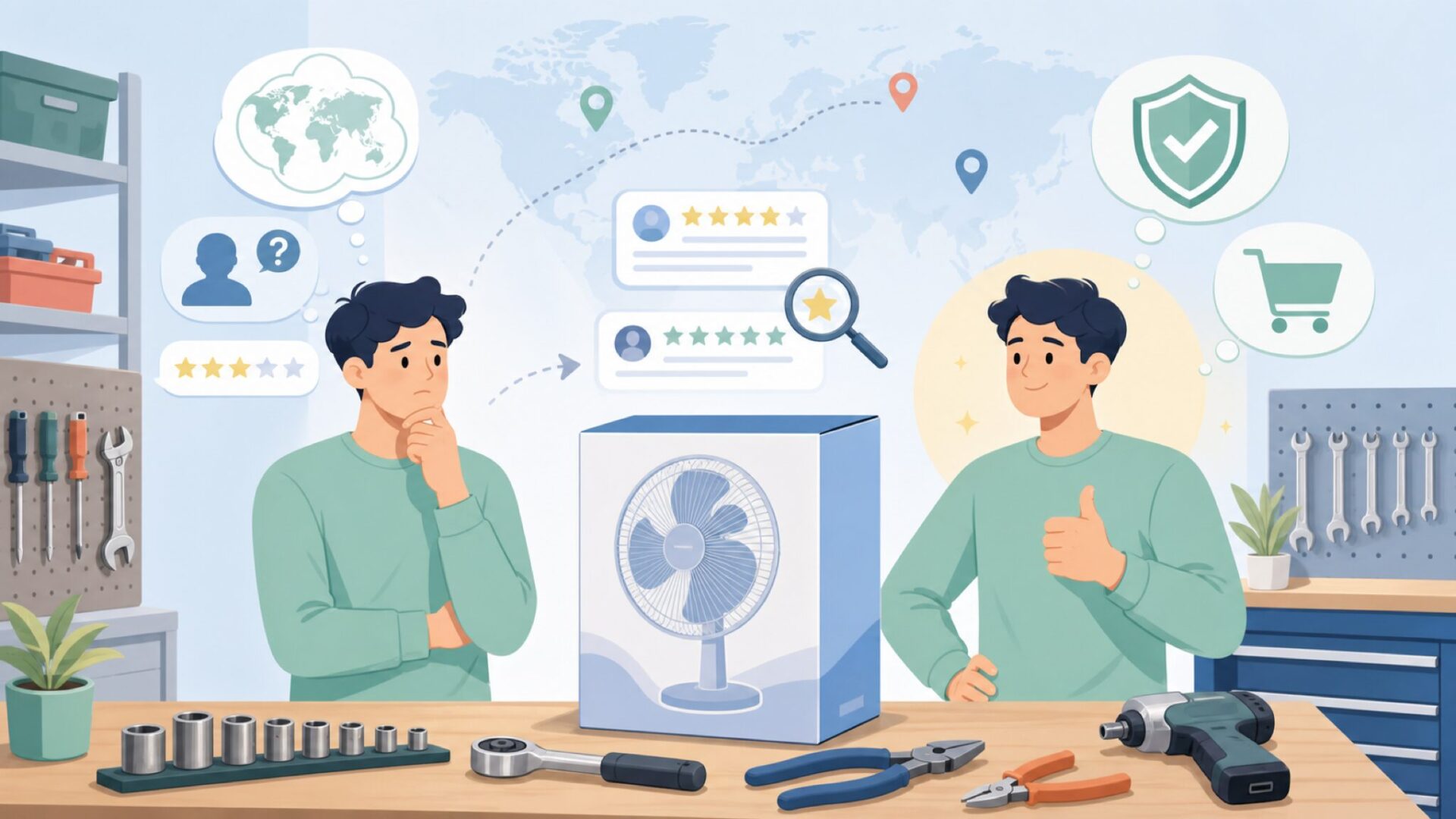 Acekool扇風機はどこの国?評判とサクラチェッカーで検証の要点を表すイラスト