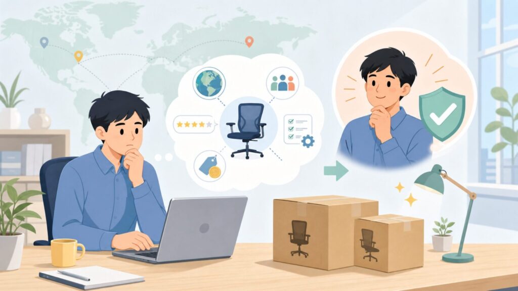 XXISHEオフィスチェアはどこの国のブランド？価格と評判を解説の要点を表すイラスト