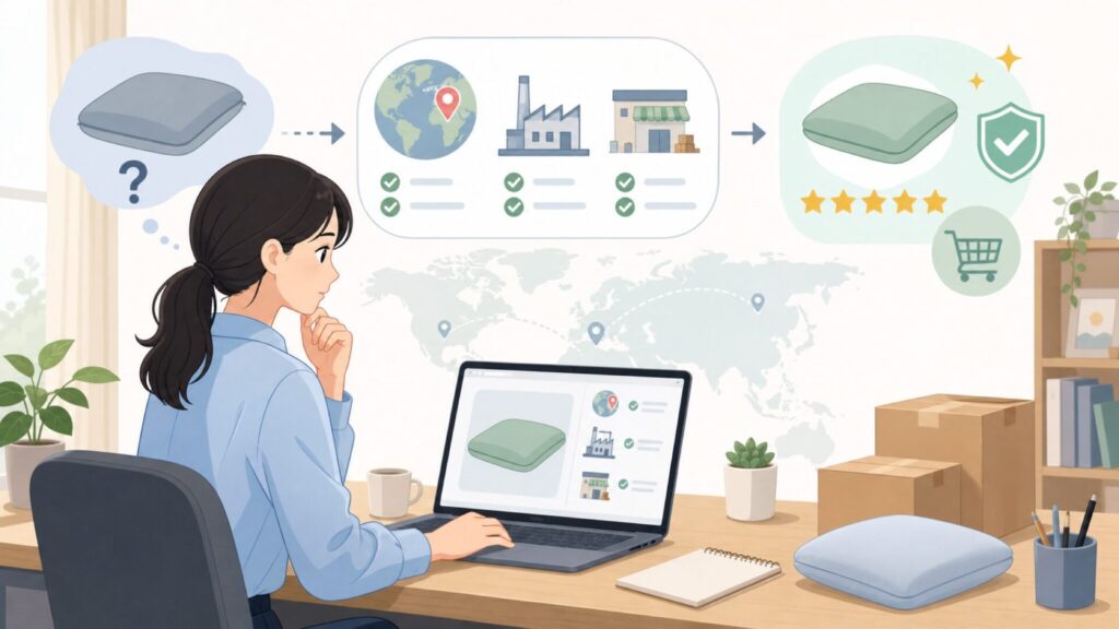 CushZoneクッションはどこの国？製造国・販売元を徹底調査の要点を表すイラスト