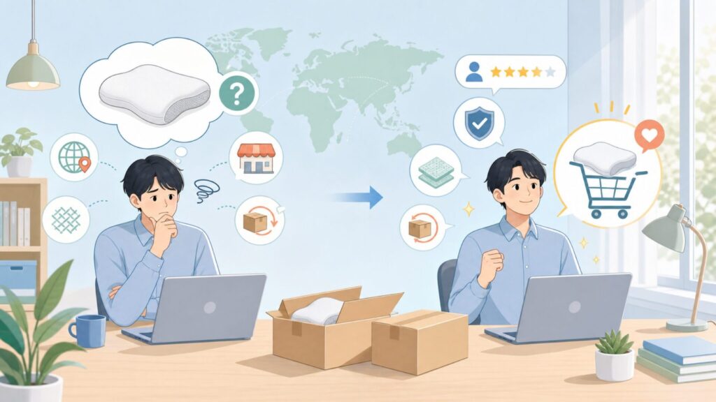 Kolbs枕はどこの国?販売元・素材・保証を徹底チェックの要点を表すイラスト