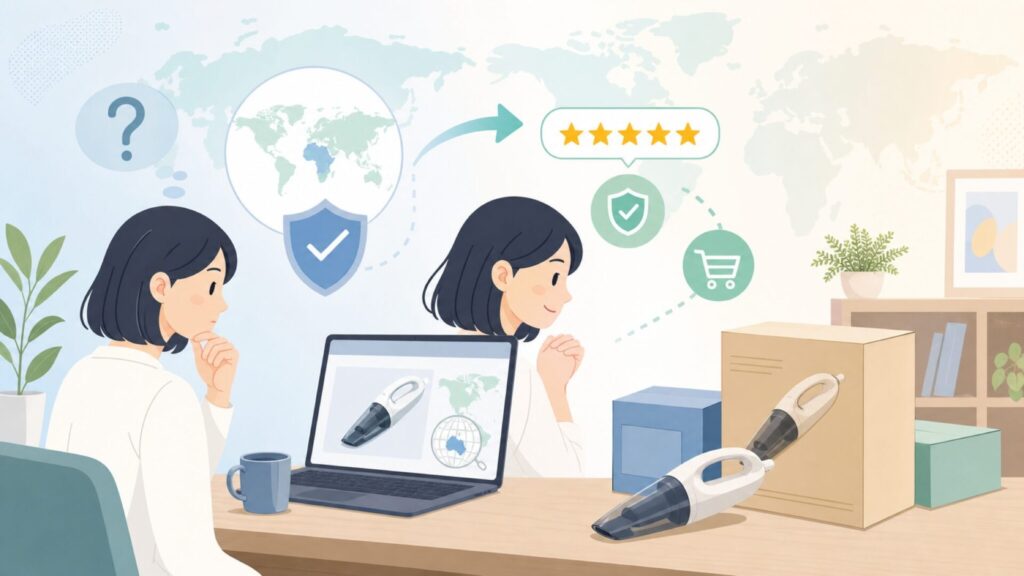 VacLifeハンディクリーナーはどこの国？安全性と口コミを検証の要点を表すイラスト