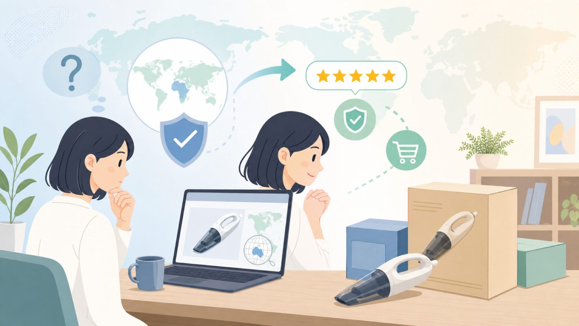 VacLifeハンディクリーナーはどこの国？安全性と口コミを検証の要点を表すイラスト