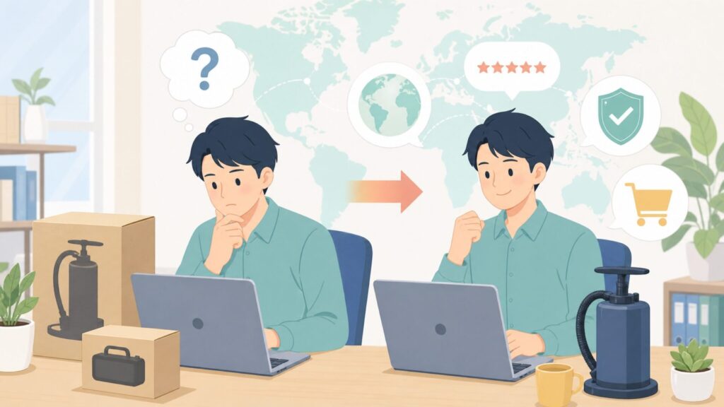 kosmegal SUPポンプ どこの国？電動ポンプの実力を検証の要点を表すイラスト