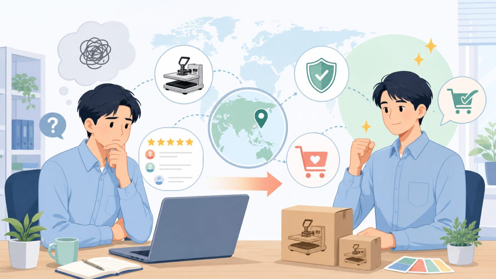 HTVRONTどこの国？ヒートプレスの口コミと失敗しない選び方の要点を表すイラスト