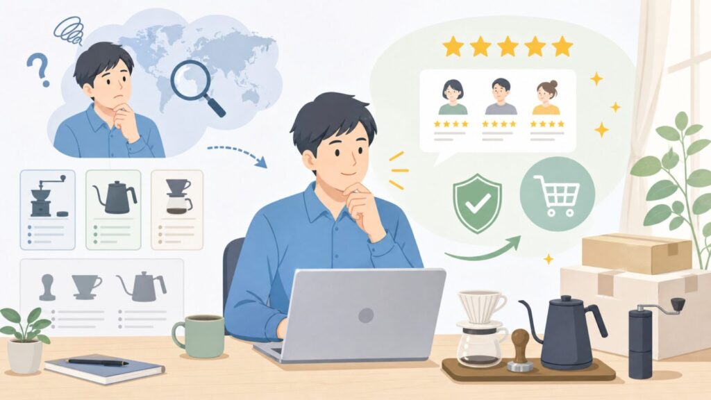 IKAPEはどこの国のブランド？コーヒー器具の特徴と評判の要点を表すイラスト