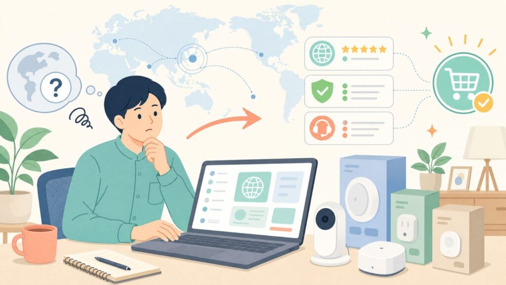 YoLinkはどこの国のブランド？スマートホームを安心して選ぶ方法の要点を表すイラスト