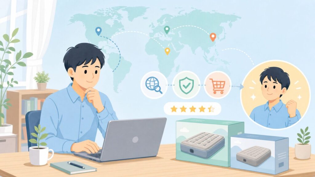 INTEXエアーベッドはどこの国?評判とダブル・シングル比較の要点を表すイラスト