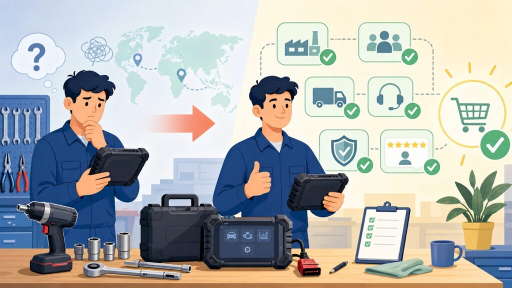 XTOOL診断機はどこの国のブランド？中国発の実力を整備士目線で解説の要点を表すイラスト