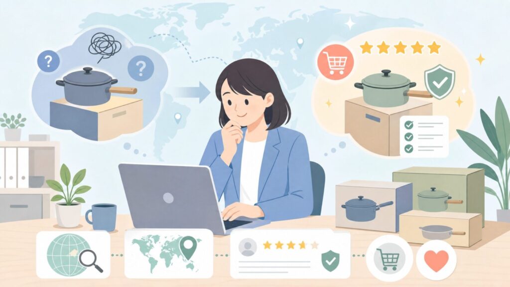 Our Placeフライパンはどこの国?安全性と評判を徹底解説の要点を表すイラスト