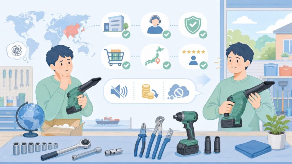 EGO Power+はどこの国の工具？運営会社と国内サポートの要点を表すイラスト