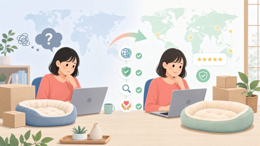 FurHavenペットベッドはどこの国？安全性と選び方ガイドの要点を表すイラスト