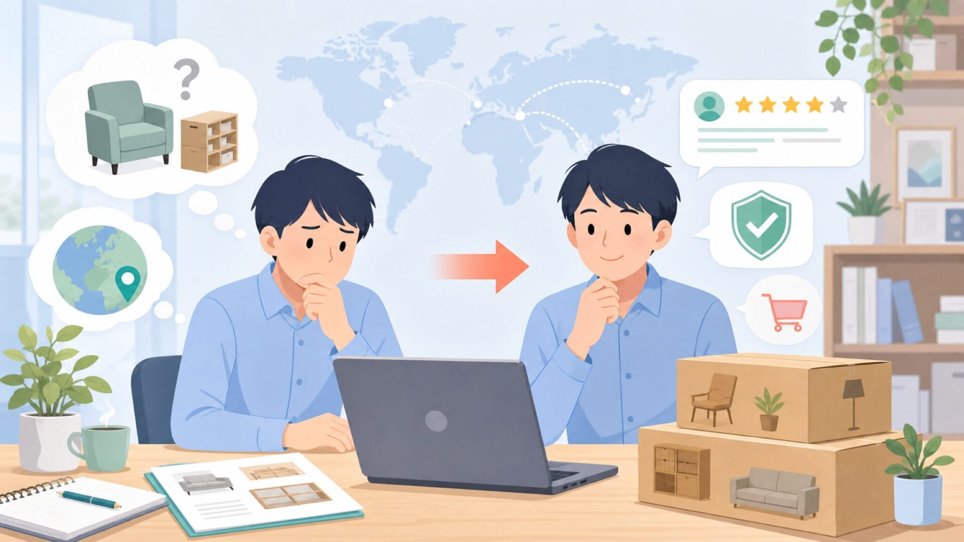 Yaheetechはどこの国?家具の評判と安全性を購入前にチェックの要点を表すイラスト