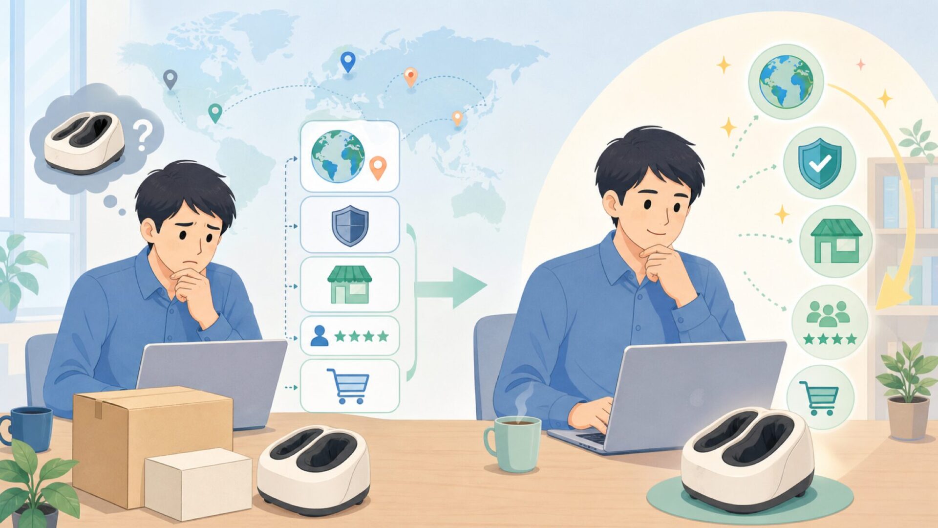 Mikoフットマッサージャーはどこの国?信頼性と失敗しない選び方の要点を表すイラスト