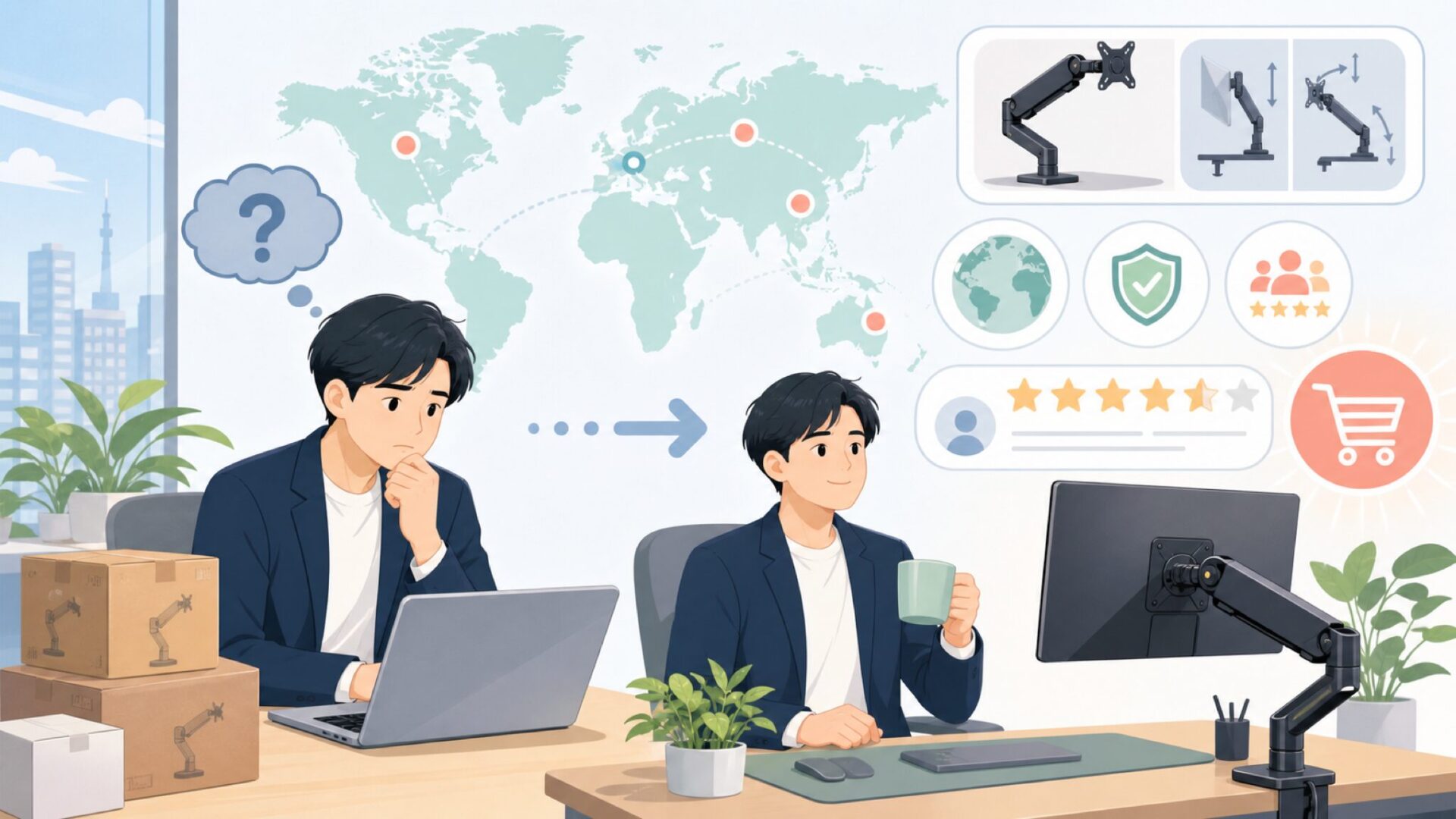 MOUNTUPモニターアームはどこの国?特徴と口コミを徹底検証の要点を表すイラスト
