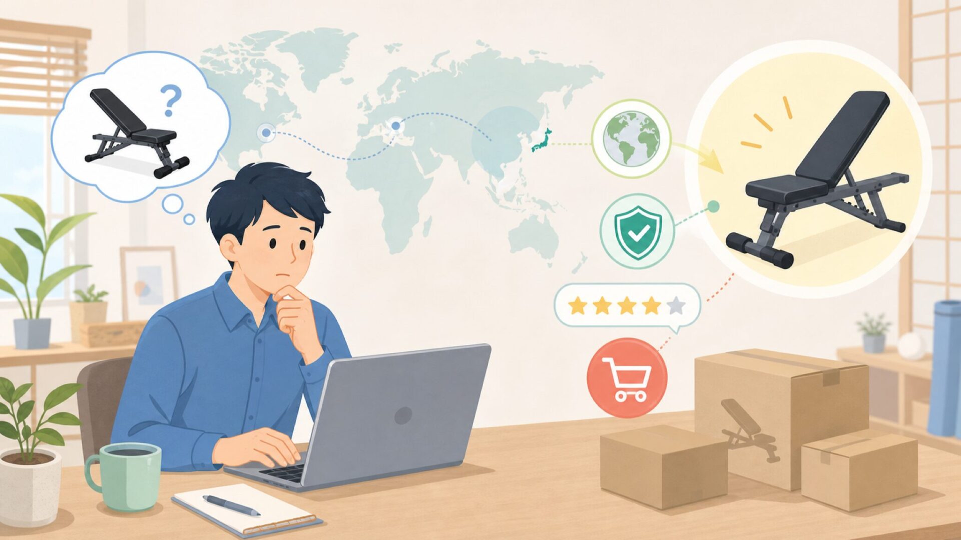 FLYBIRDトレーニングベンチはどこの国？安全性と選び方の要点を表すイラスト